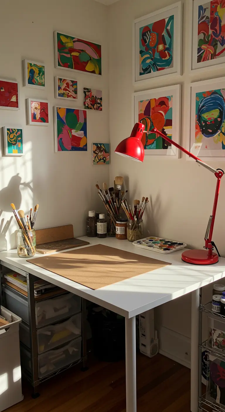 Coin bureau d'artiste avec un mur de tableaux colorés et une lampe de bureau rouge.