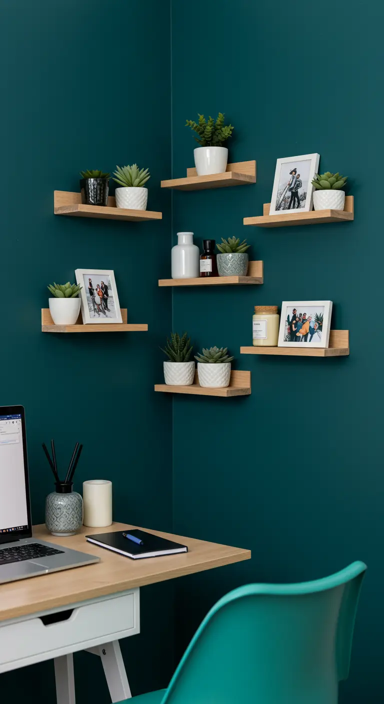 Plusieurs petites étagères d'angle en bois clair fixées sur un mur vert foncé, décorées de plantes et de cadres.