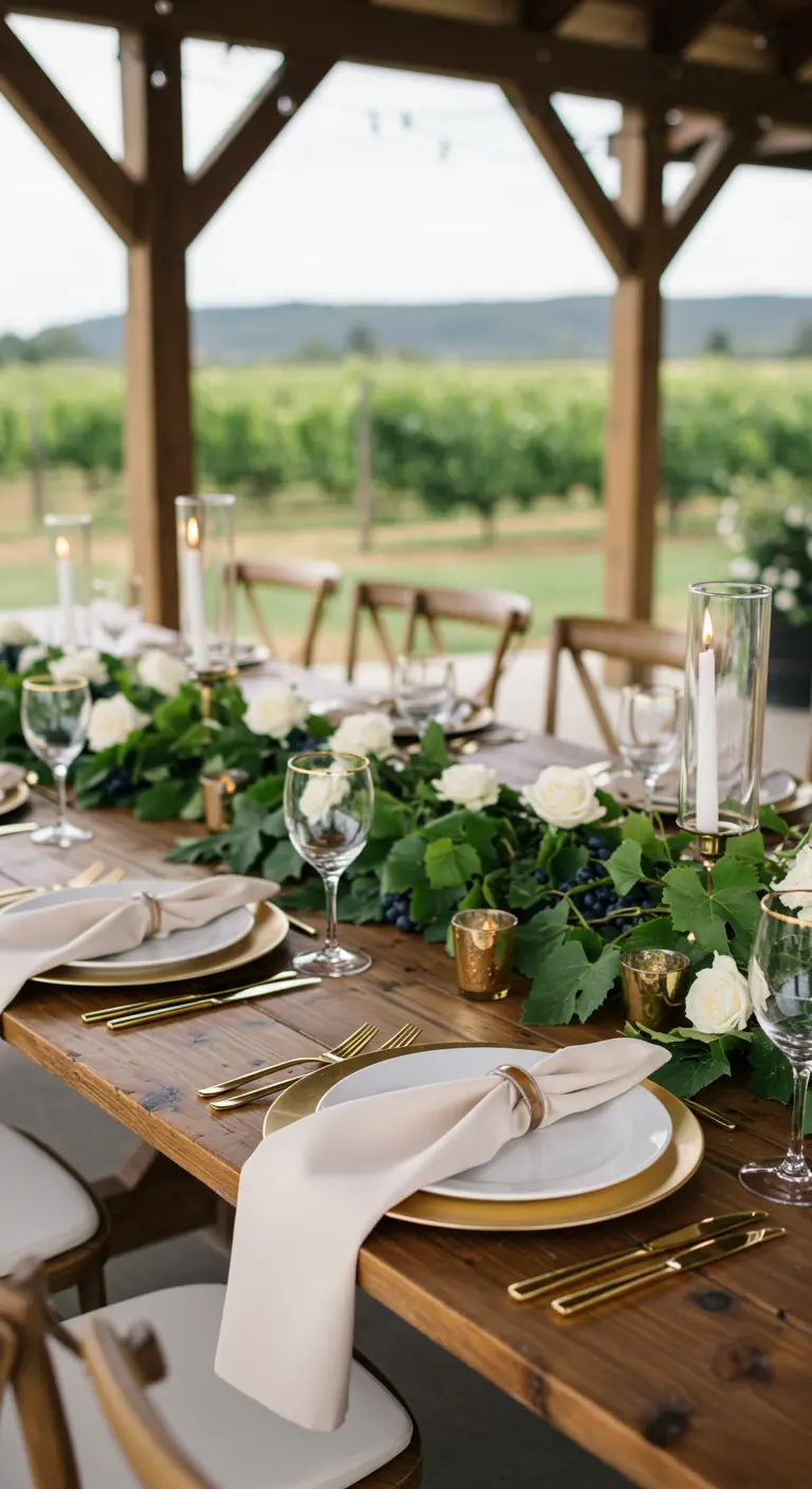 Serviette beige dans un rond doré sur une table de mariage élégante.