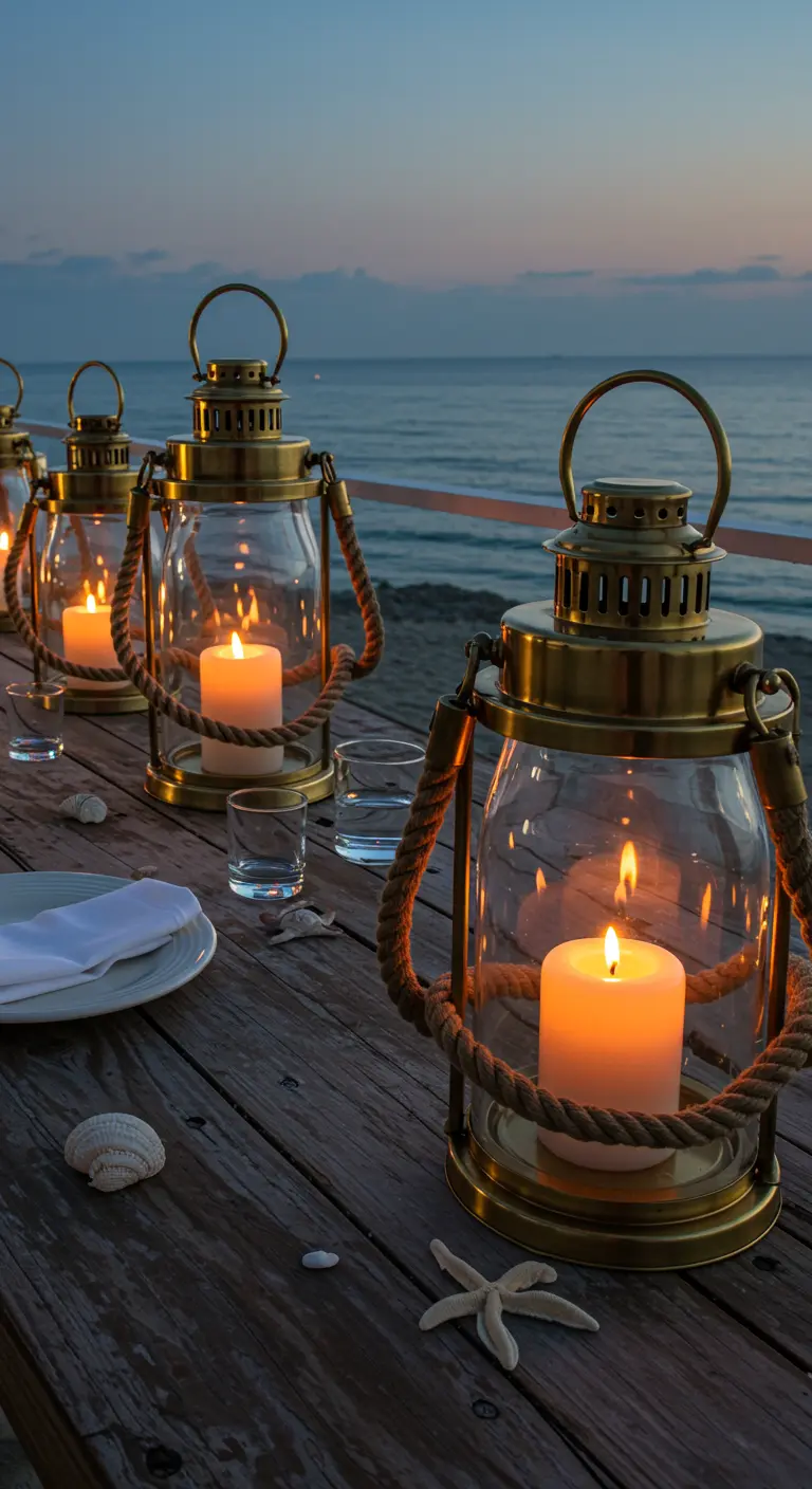 Table en bois sur la plage éclairée par de grandes lanternes tempête au coucher du soleil.
