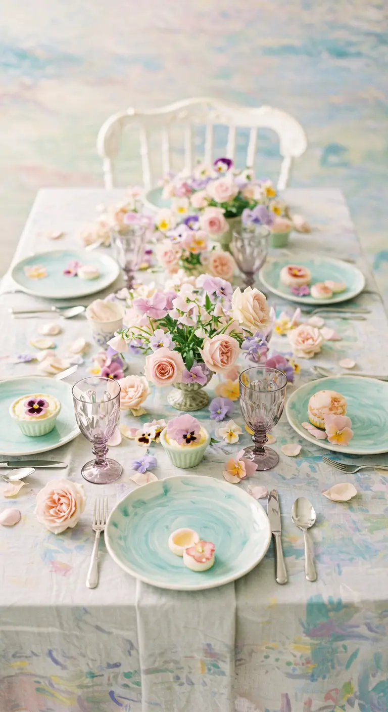 Table de brunch pastel avec des pétales de roses et de pensées éparpillés.