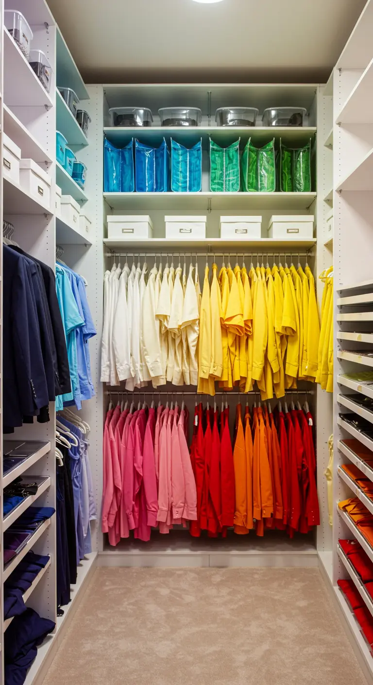 Dressing blanc avec des vêtements suspendus et organisés par couleur, créant un dégradé arc-en-ciel.