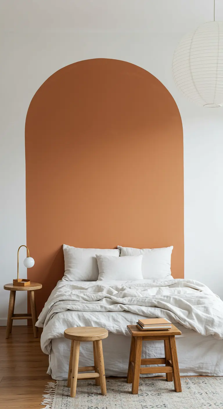 Une arche couleur terracotta peinte sur le mur blanc sert de tête de lit graphique.