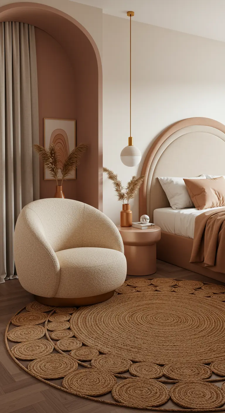 Fauteuil en tissu bouclé blanc devant une arche murale peinte en rose poudré.