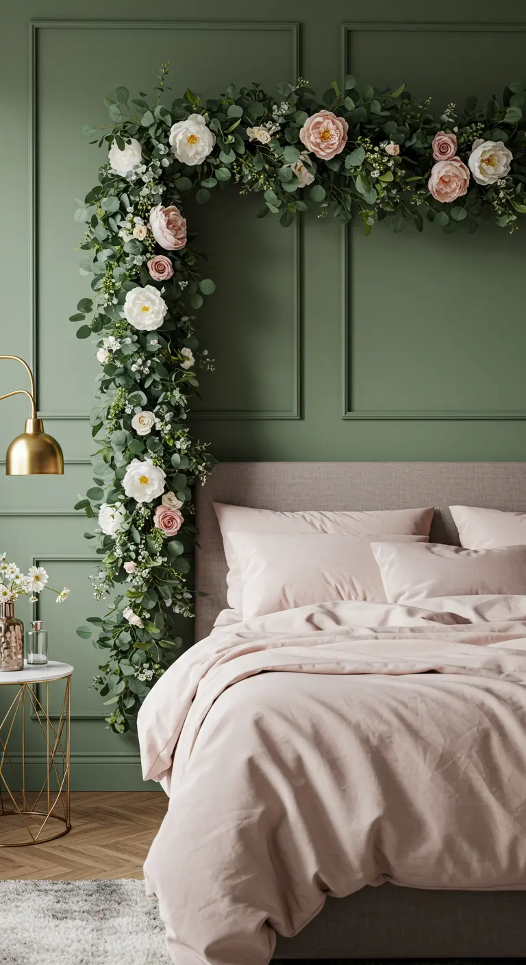 Guirlande de fleurs et de feuillage en forme d'arche asymétrique au-dessus d'un lit.
