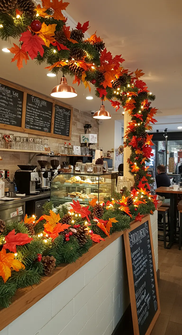 Comptoir de café décoré d'une arche opulente de guirlande automnale lumineuse.