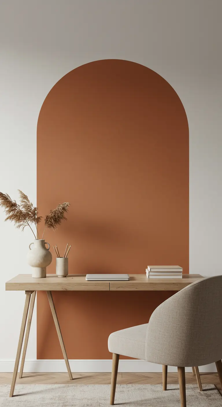 Arche de couleur terracotta peinte sur un mur blanc derrière un bureau en bois.