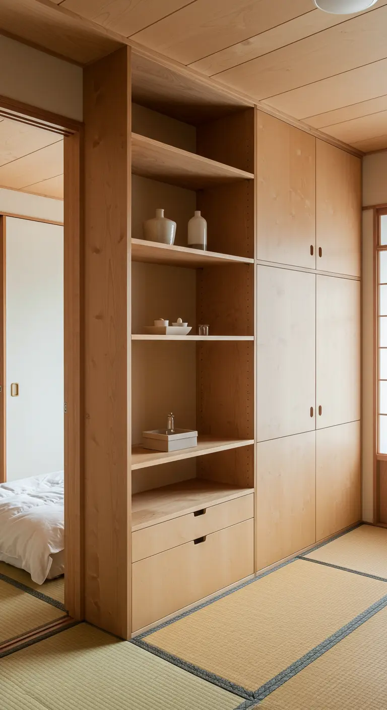 Armoire en bois clair intégrée avec une section d'étagères ouvertes.