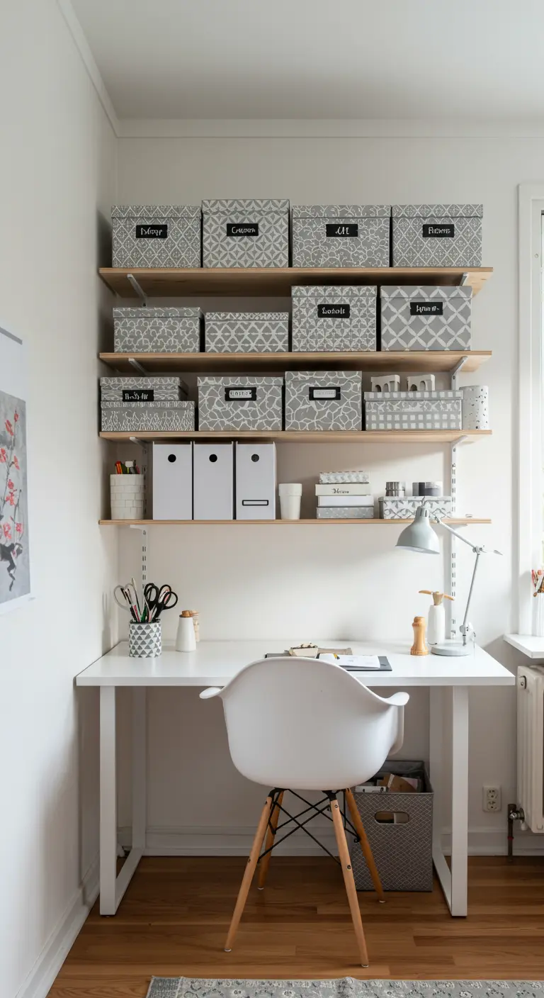 Bureau blanc bien rangé avec des étagères remplies de boîtes à motifs gris et étiquettes noires.