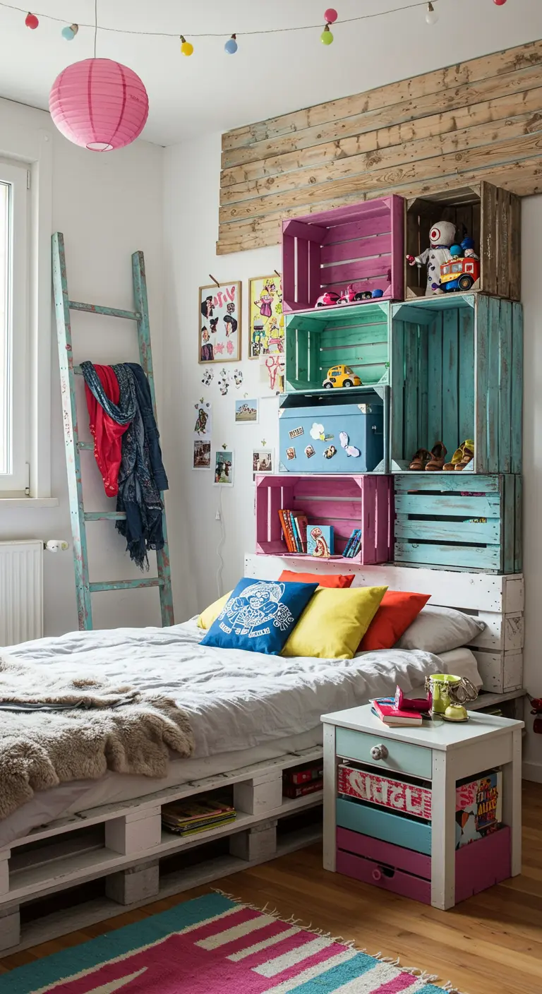 Chambre créative avec une tête de lit faite de caisses en bois peintes et un lit sur palettes.