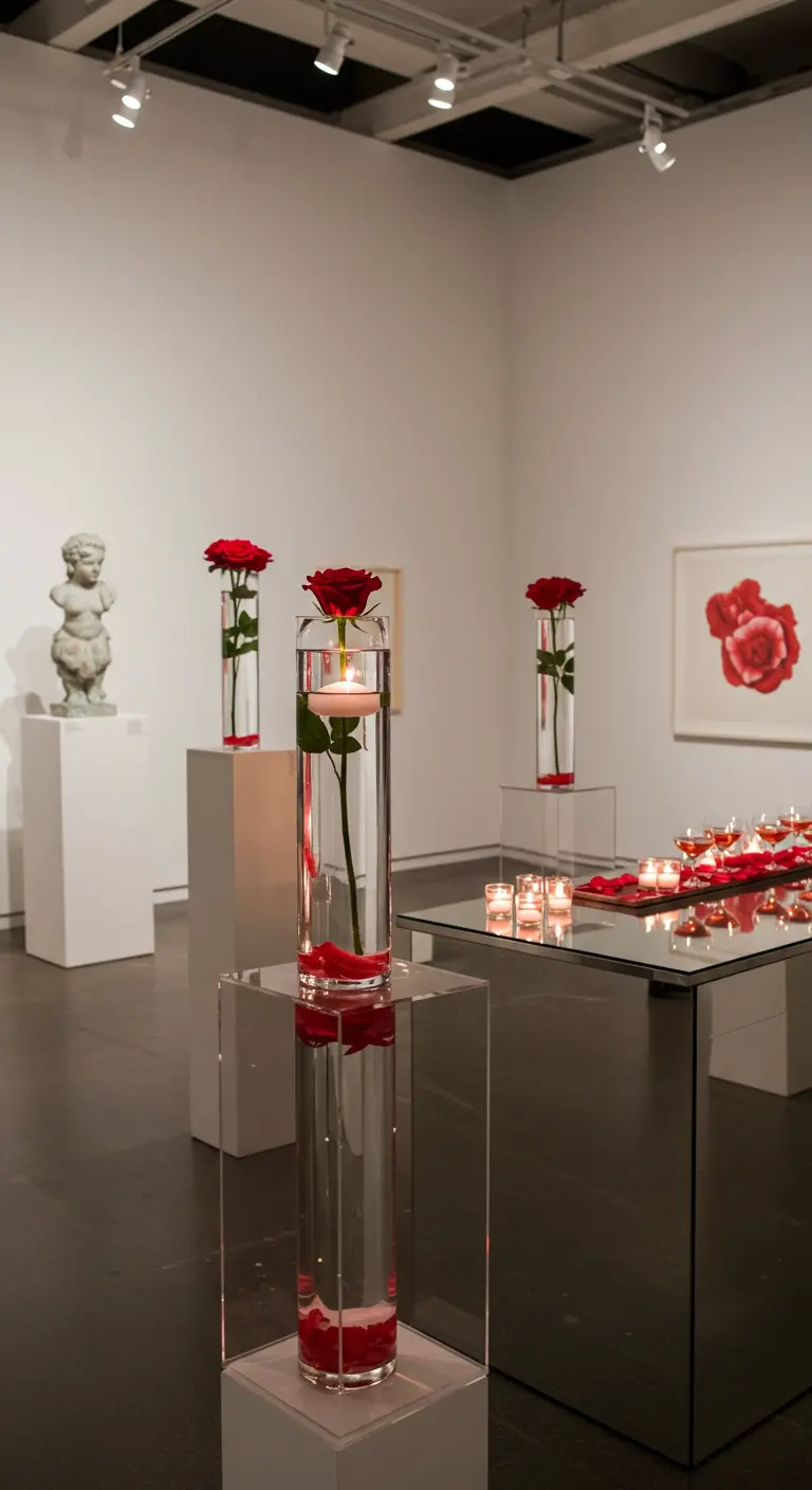 Installation artistique avec des roses rouges dans de hauts vases cylindriques.
