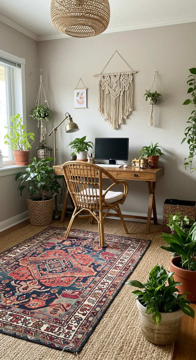 Bureau de style bohème avec un tapis persan coloré superposé sur un tapis en jonc de mer.