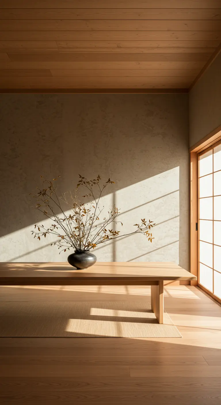 Un vase en céramique noire avec des branches fines sur une table en bois clair.