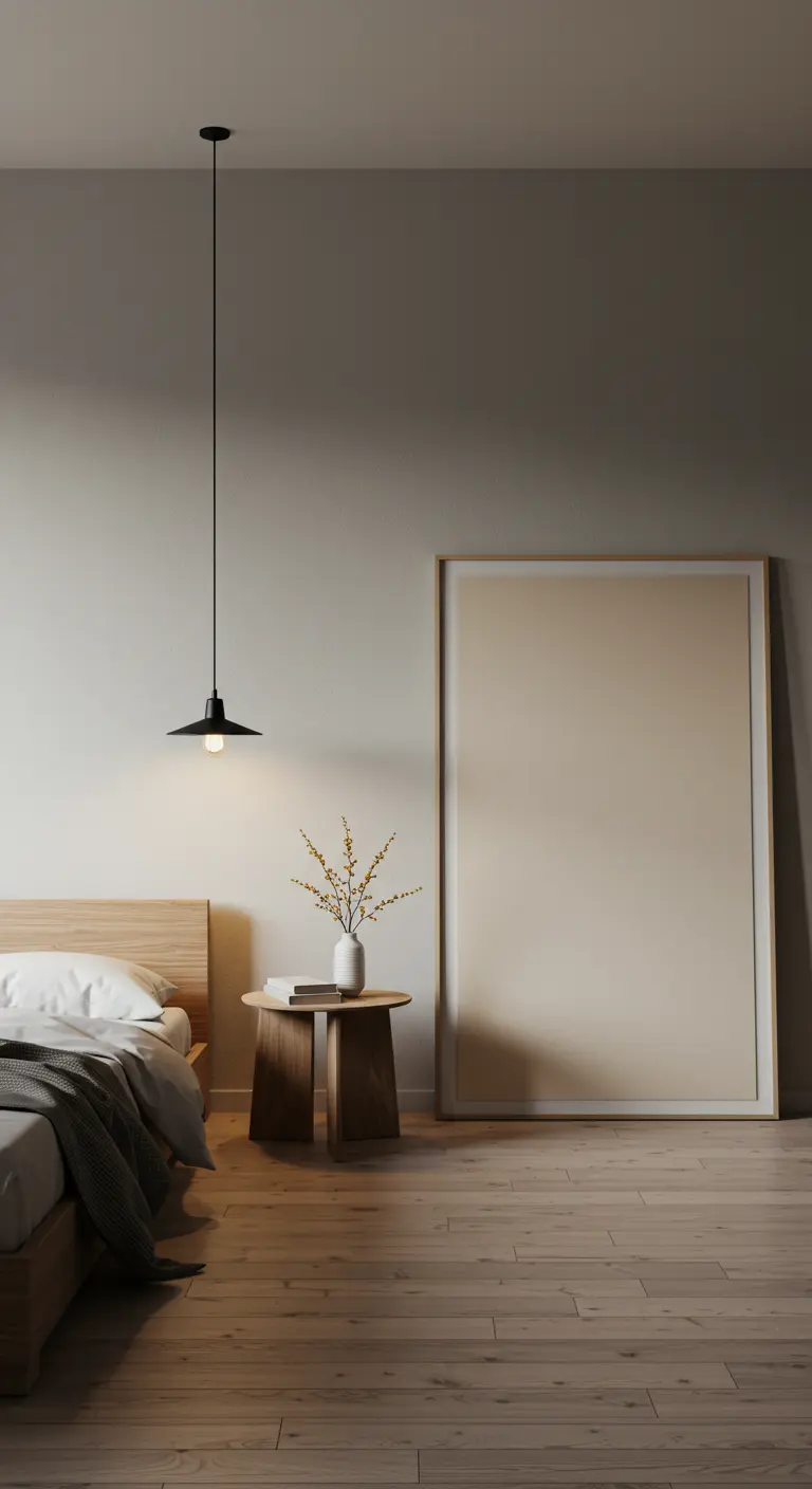 Un grand cadre minimaliste simplement posé au sol contre un mur.
