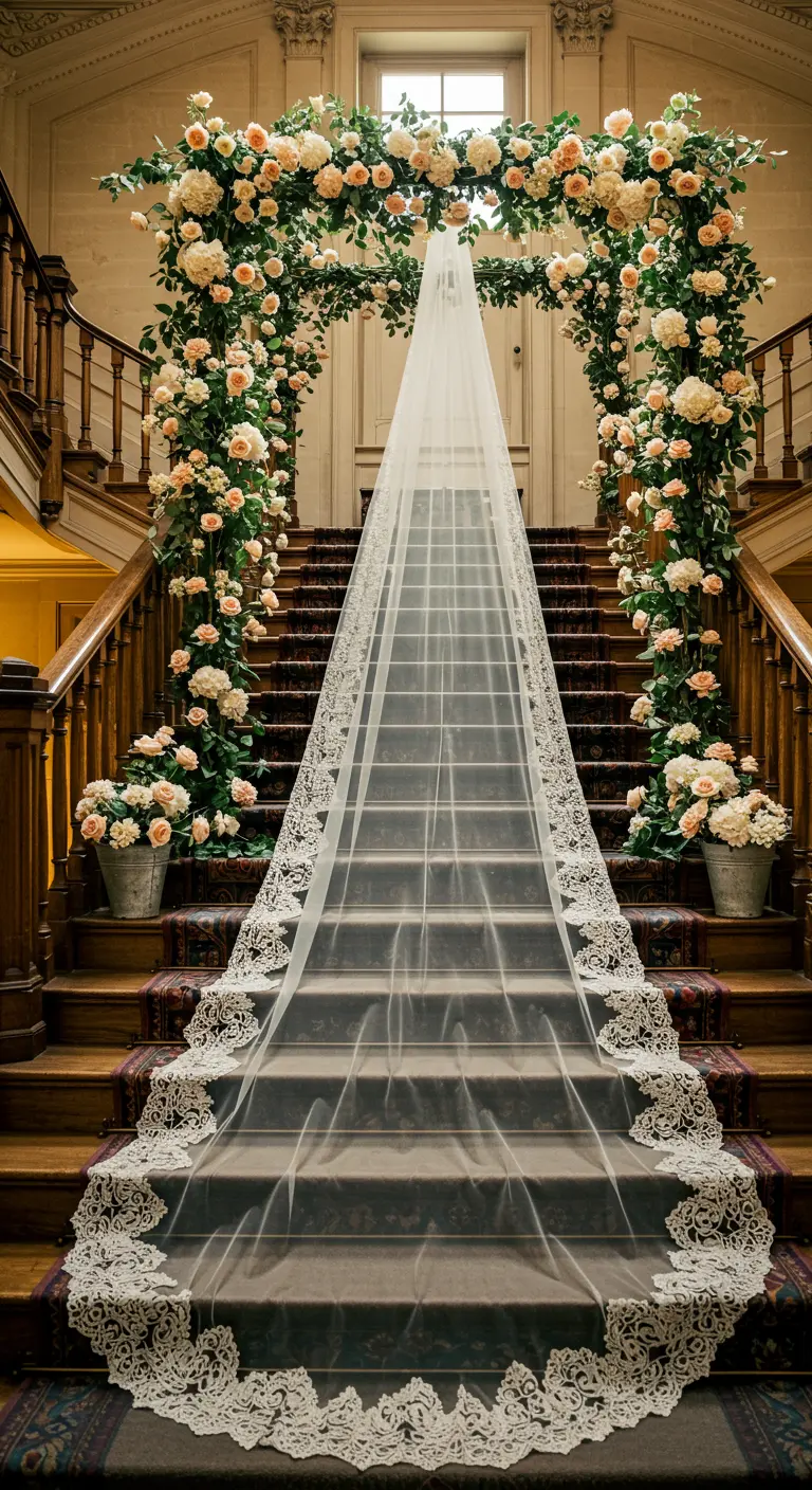 Arche de fleurs en haut d'un escalier, avec un long voile en dentelle descendant.