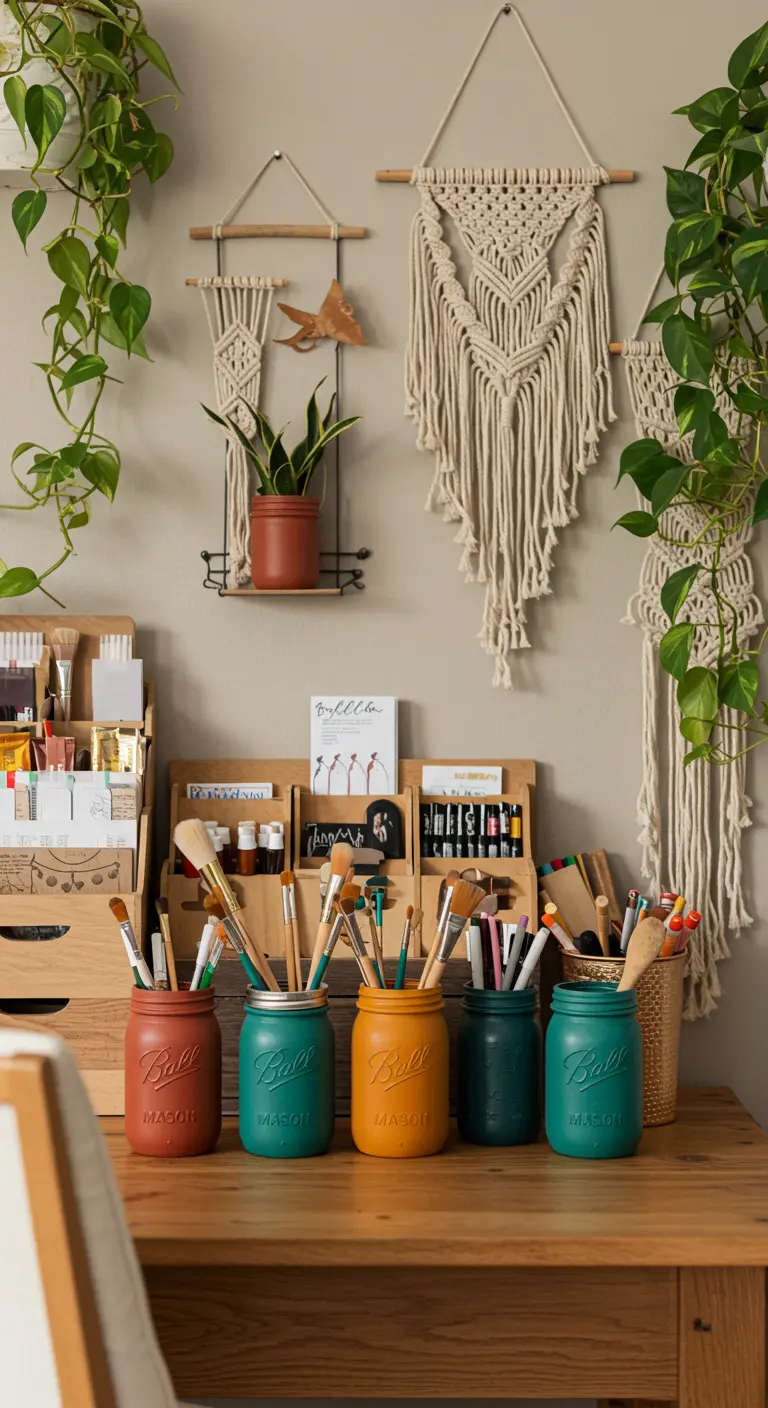 Pots à pinceaux colorés en bocaux Mason, sur un bureau d'artiste avec des décorations en macramé.