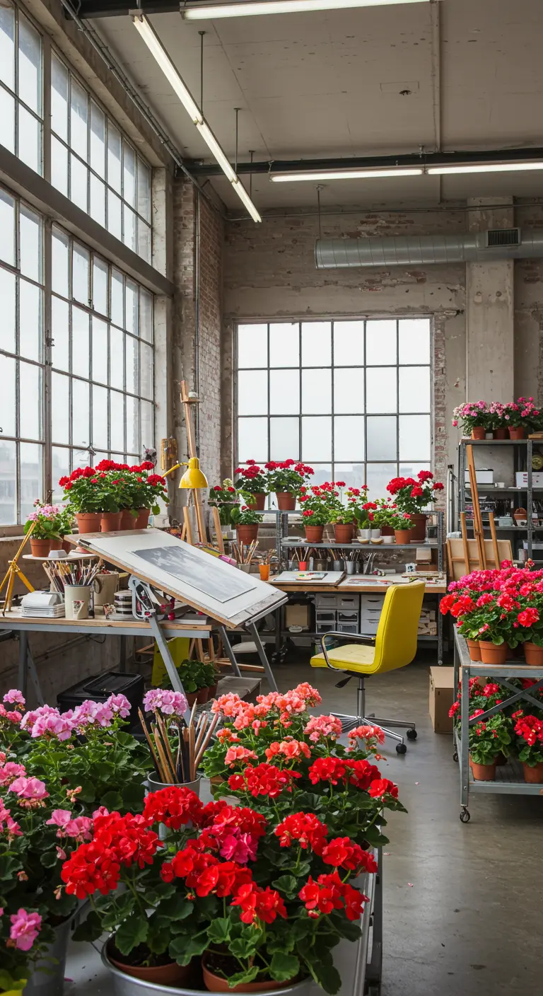 Atelier d'artiste lumineux et industriel, rempli de pots de géraniums rouges et roses.