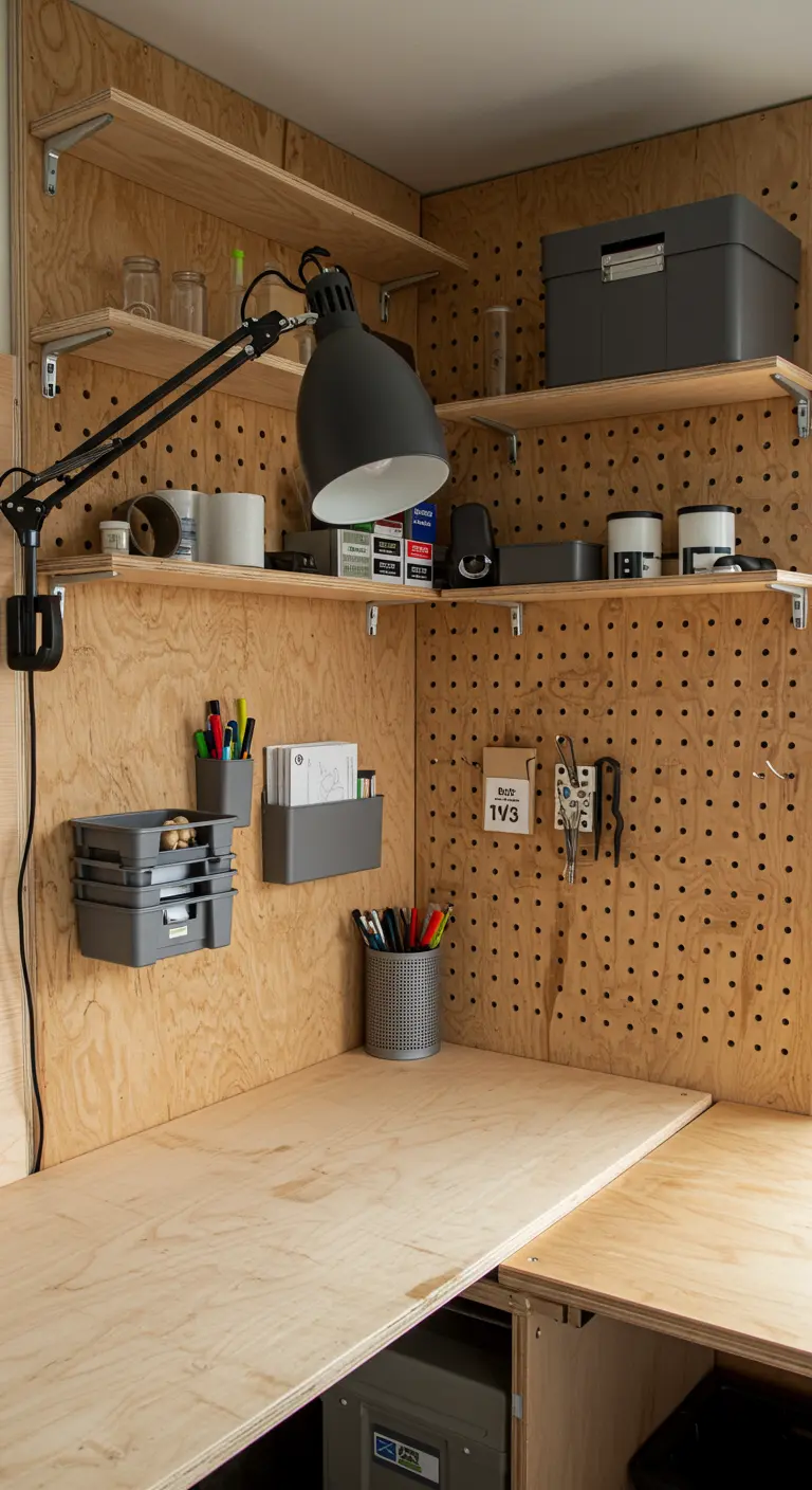 Bureau d'angle en contreplaqué brut avec des panneaux perforés et de nombreuses étagères.