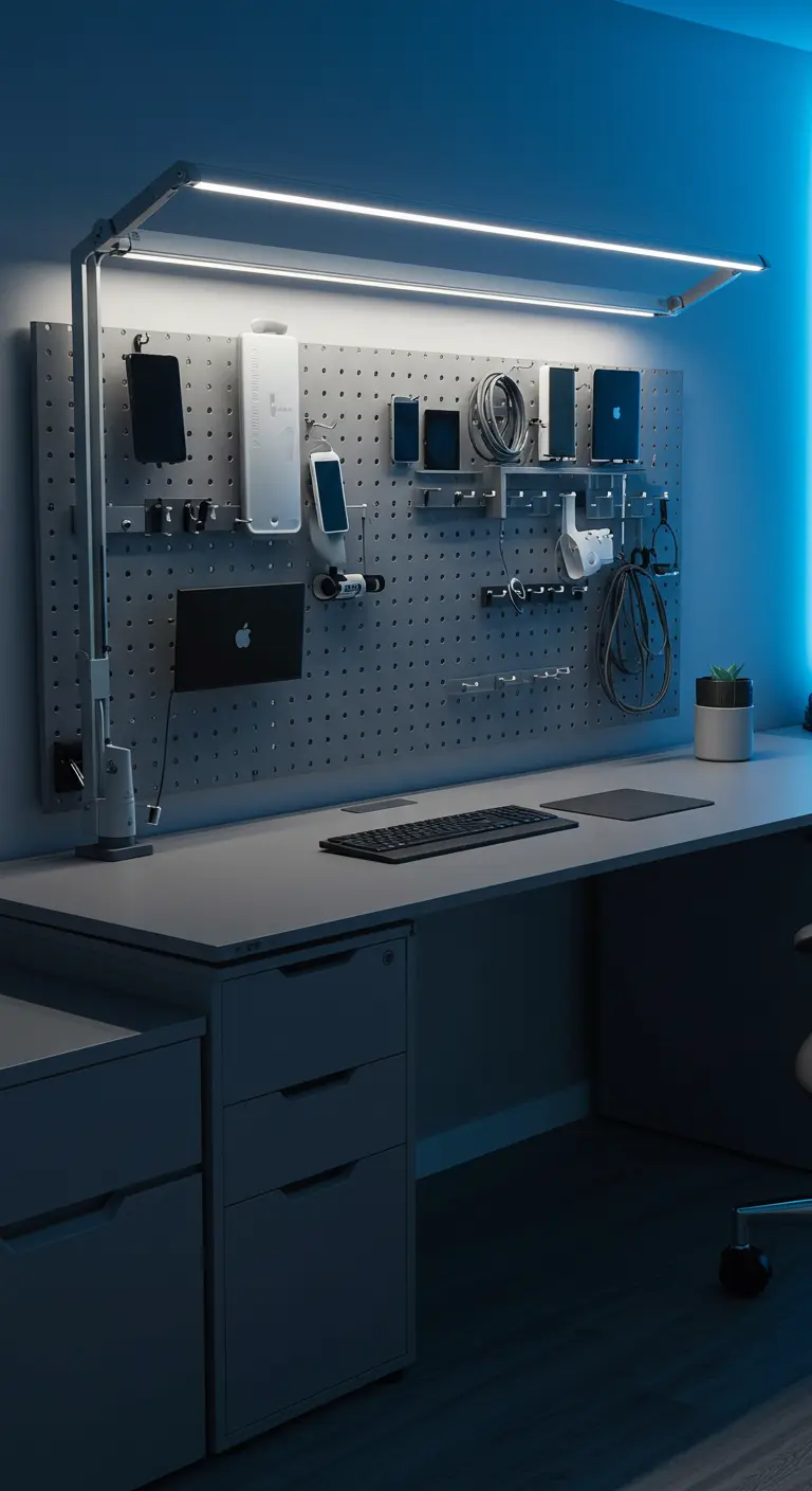 Bureau moderne avec un grand panneau perforé gris pour organiser les appareils électroniques.