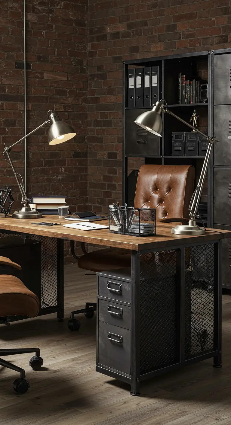Bureau de style industriel avec une chaise en cuir, des lampes en métal et un mur de briques.