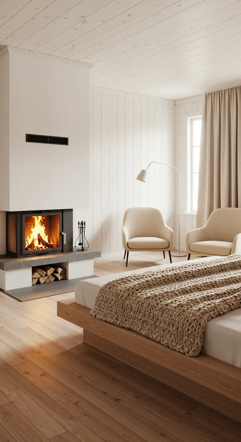 Chambre scandinave avec une cheminée moderne, un lit bas et des fauteuils.