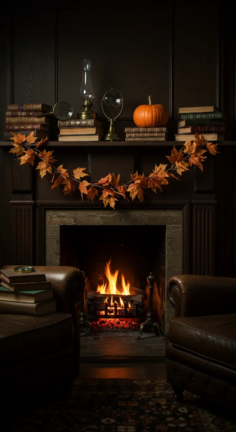 Cheminée sombre et cosy décorée de livres anciens, d'une citrouille et d'une guirlande de feuilles.