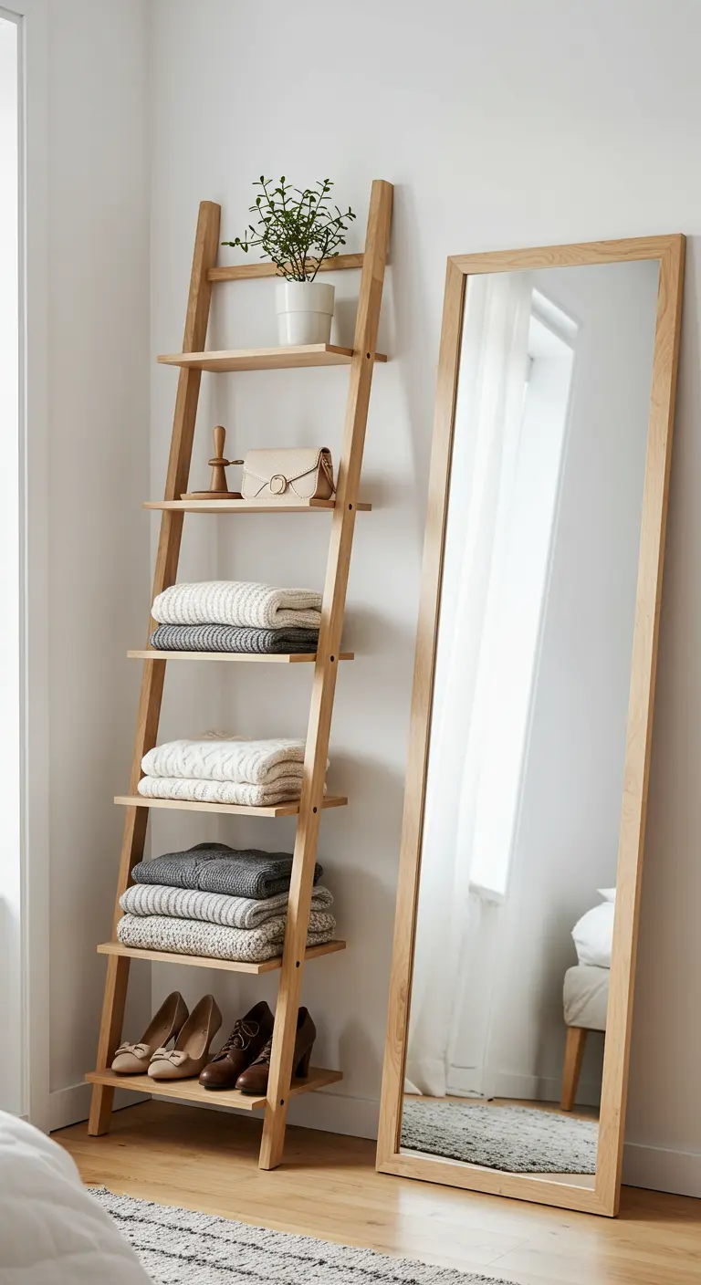 Étagère-échelle en bois utilisée comme rangement pour vêtements pliés et chaussures.
