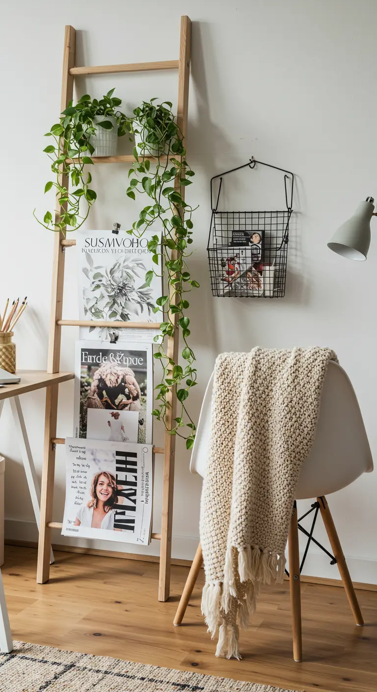 Échelle décorative en bois appuyée contre un mur, servant de porte-revues et support pour plante.