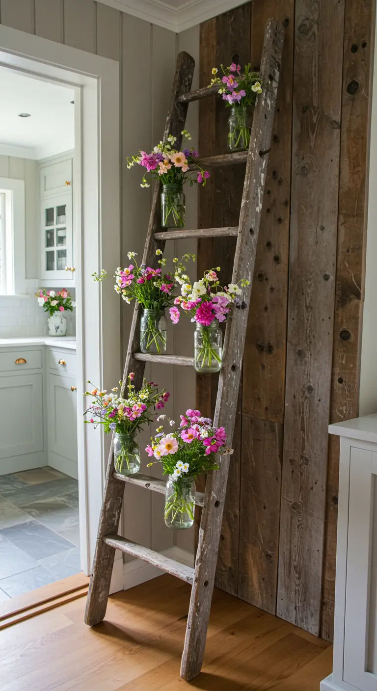 Une vieille échelle en bois utilisée pour exposer des bocaux de fleurs sauvages.