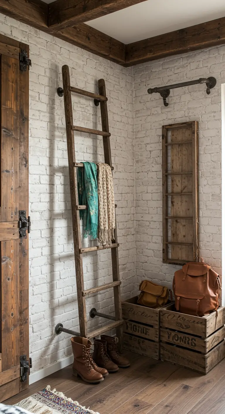 Échelle en bois rustique fixée au mur en briques blanches pour ranger des foulards.