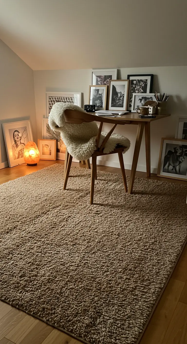 Coin bureau cosy avec de nombreux cadres posés au sol et une lampe de sel allumée.