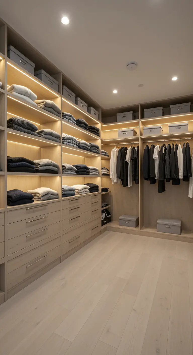 Dressing en bois clair avec éclairage LED intégré sous chaque étagère de pulls pliés.