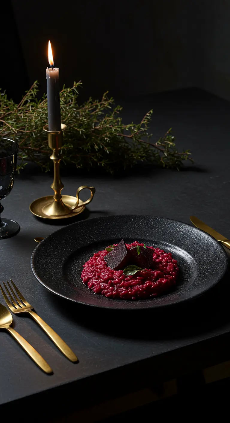 Risotto coloré dans une assiette noire, éclairé par une bougie.