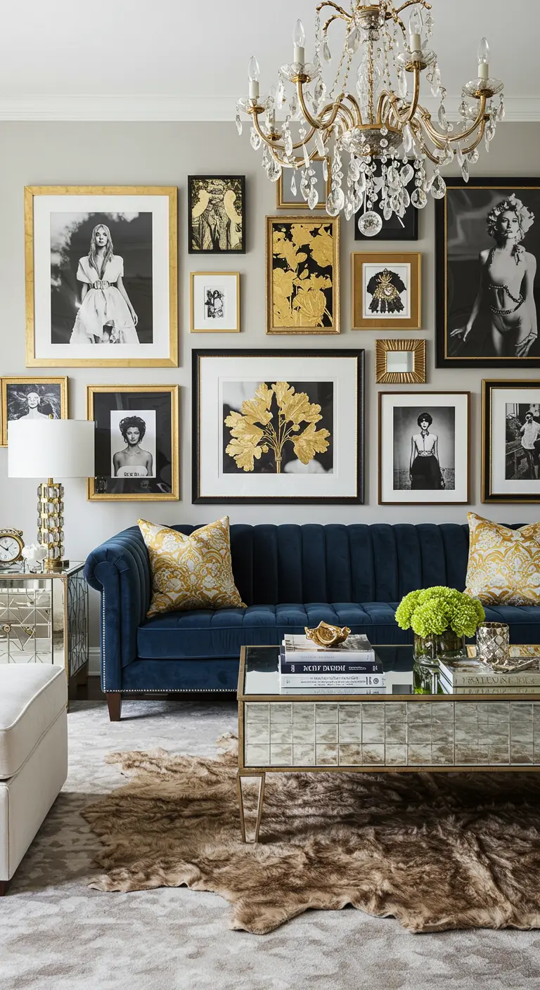 Mur de galerie glamour avec des photos en noir et blanc dans des cadres dorés au-dessus d'un canapé bleu.