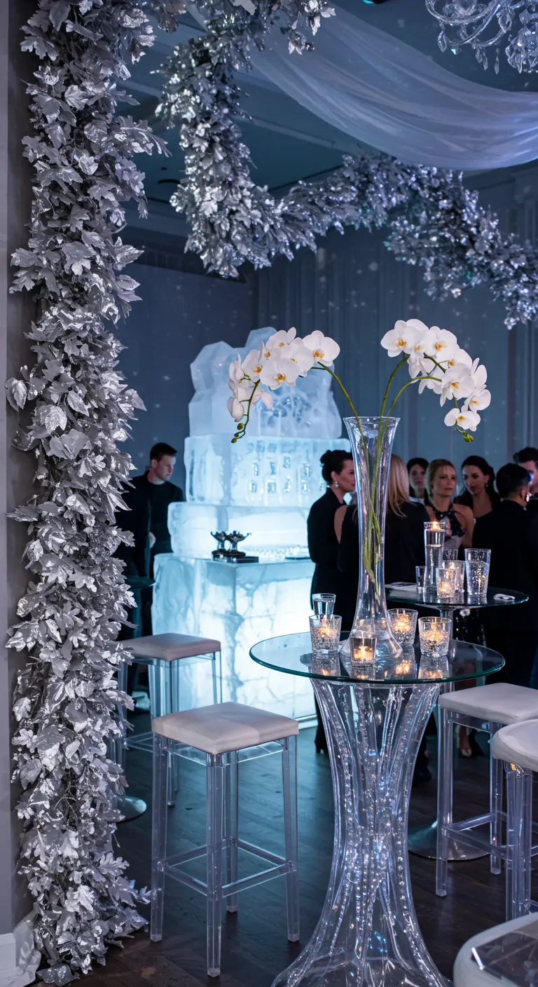 Décorations de fête avec des branches peintes en argent et une sculpture de glace.