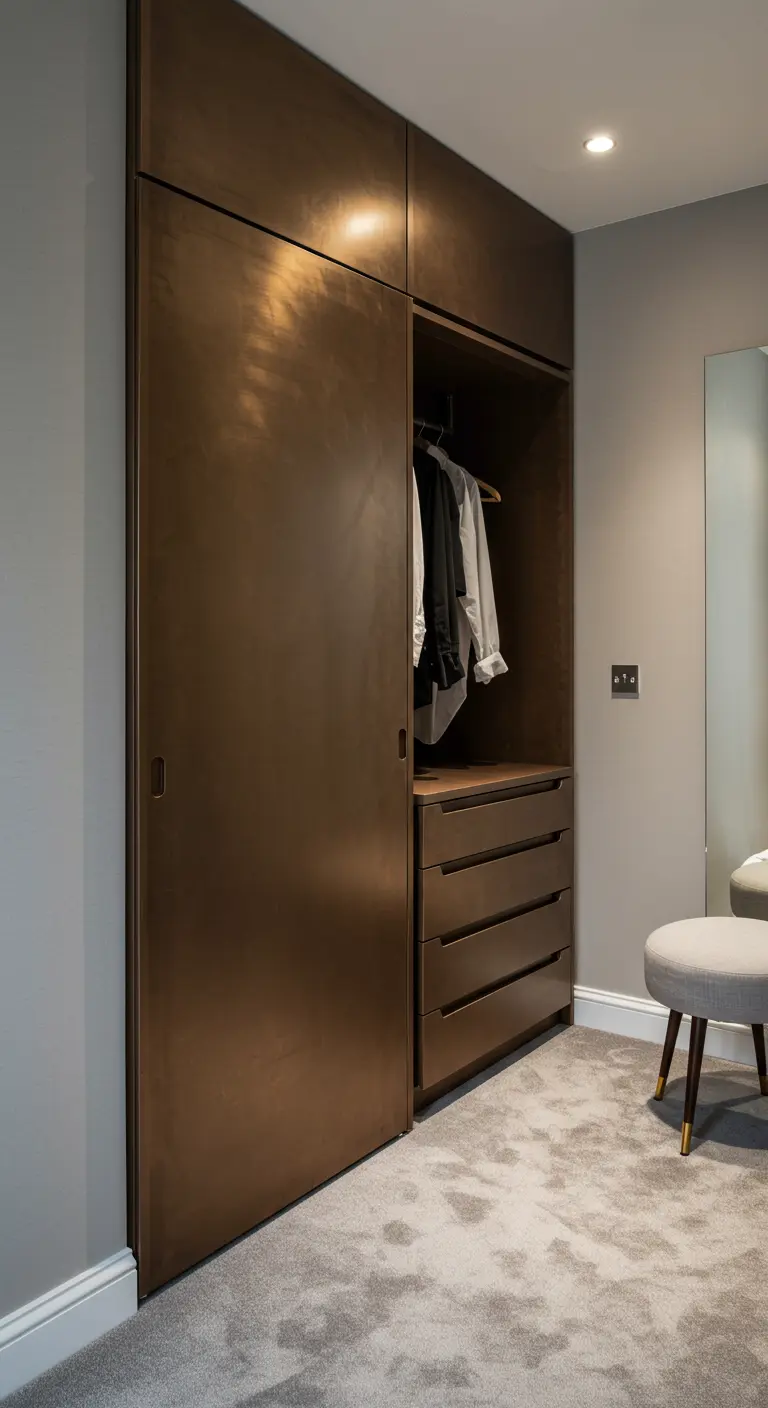 Portes de dressing coulissantes avec une finition métallique bronze brossé.