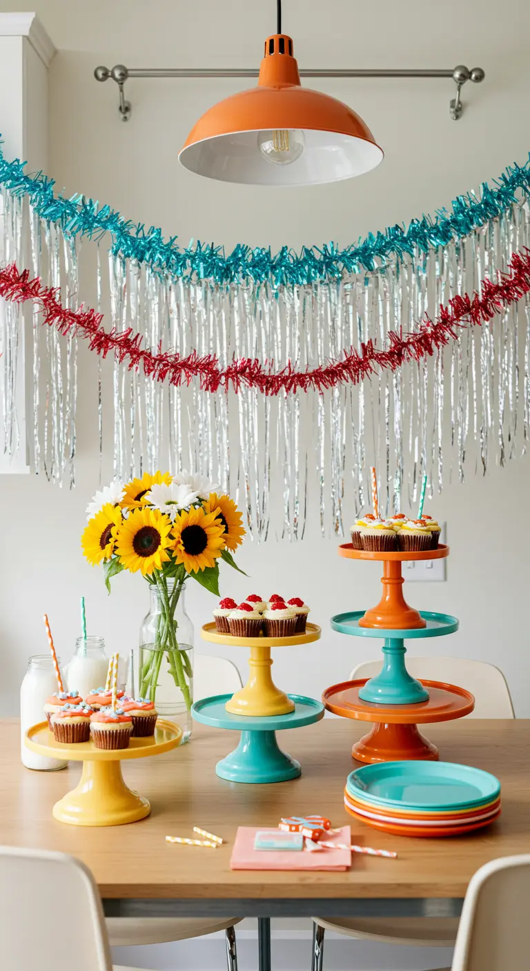 Buffet d'anniversaire coloré avec des présentoirs pop, des guirlandes scintillantes et des tournesols.