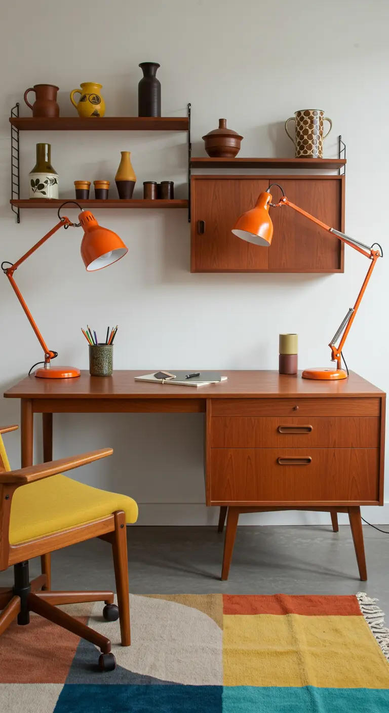 Bureau en teck mid-century avec deux lampes articulées orange vif et une chaise jaune.