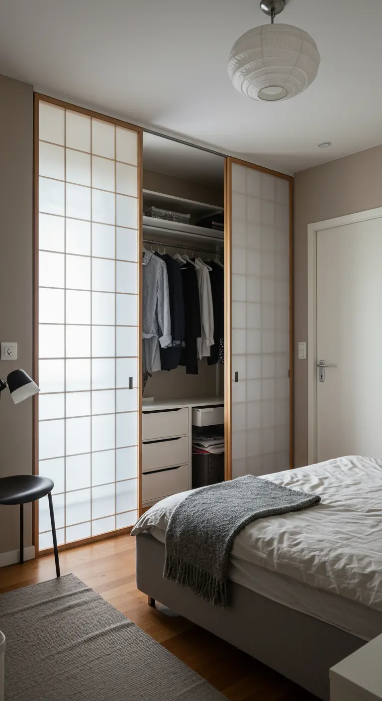 Placard fermé par des portes coulissantes de style japonais (shoji) dans une chambre.