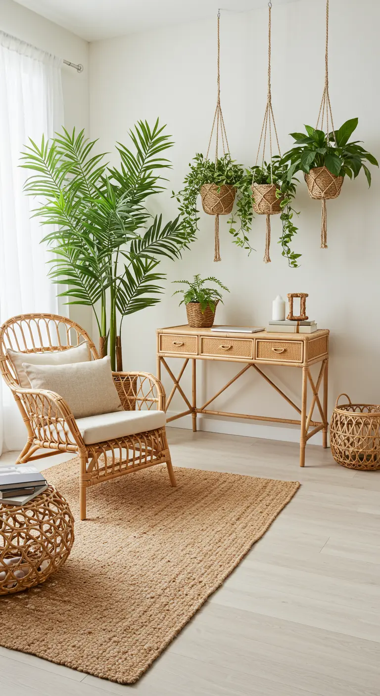 Espace de travail de style bohème avec bureau en rotin, fauteuil et plantes suspendues en macramé.