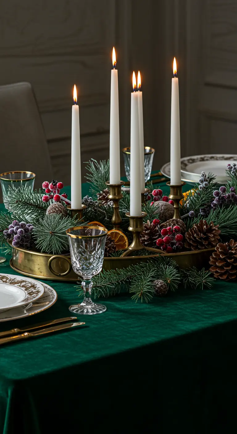Centre de table de Noël avec bougies blanches, sapin et nappe verte.