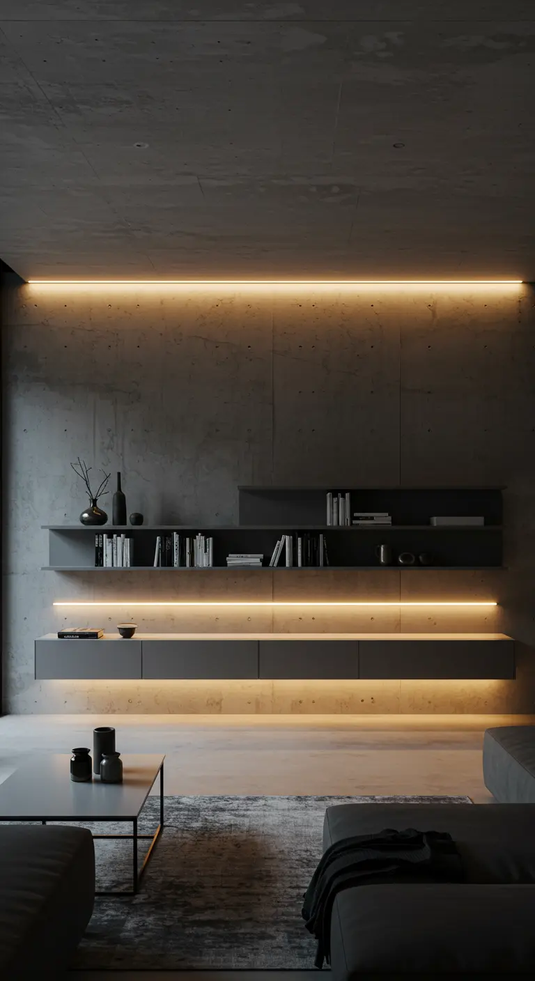 Un salon moderne avec des étagères et des meubles bas éclairés par des rubans LED cachés.