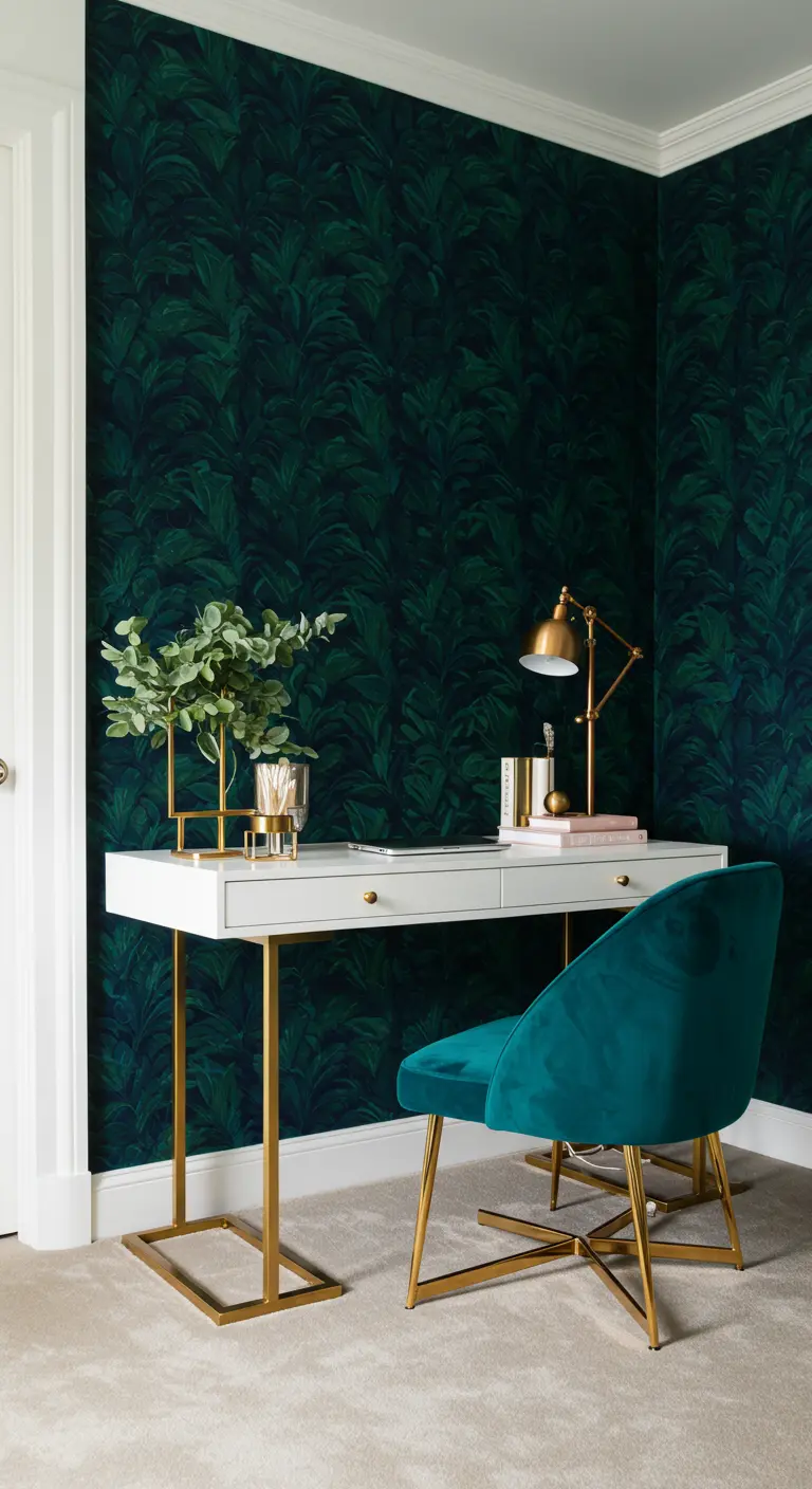 Coin bureau élégant avec un papier peint à motif de feuilles tropicales vert foncé.