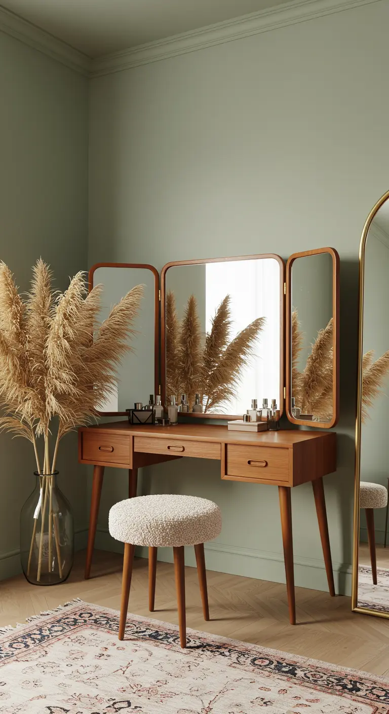 Coiffeuse en bois de style Mid-Century devant un mur vert sauge.