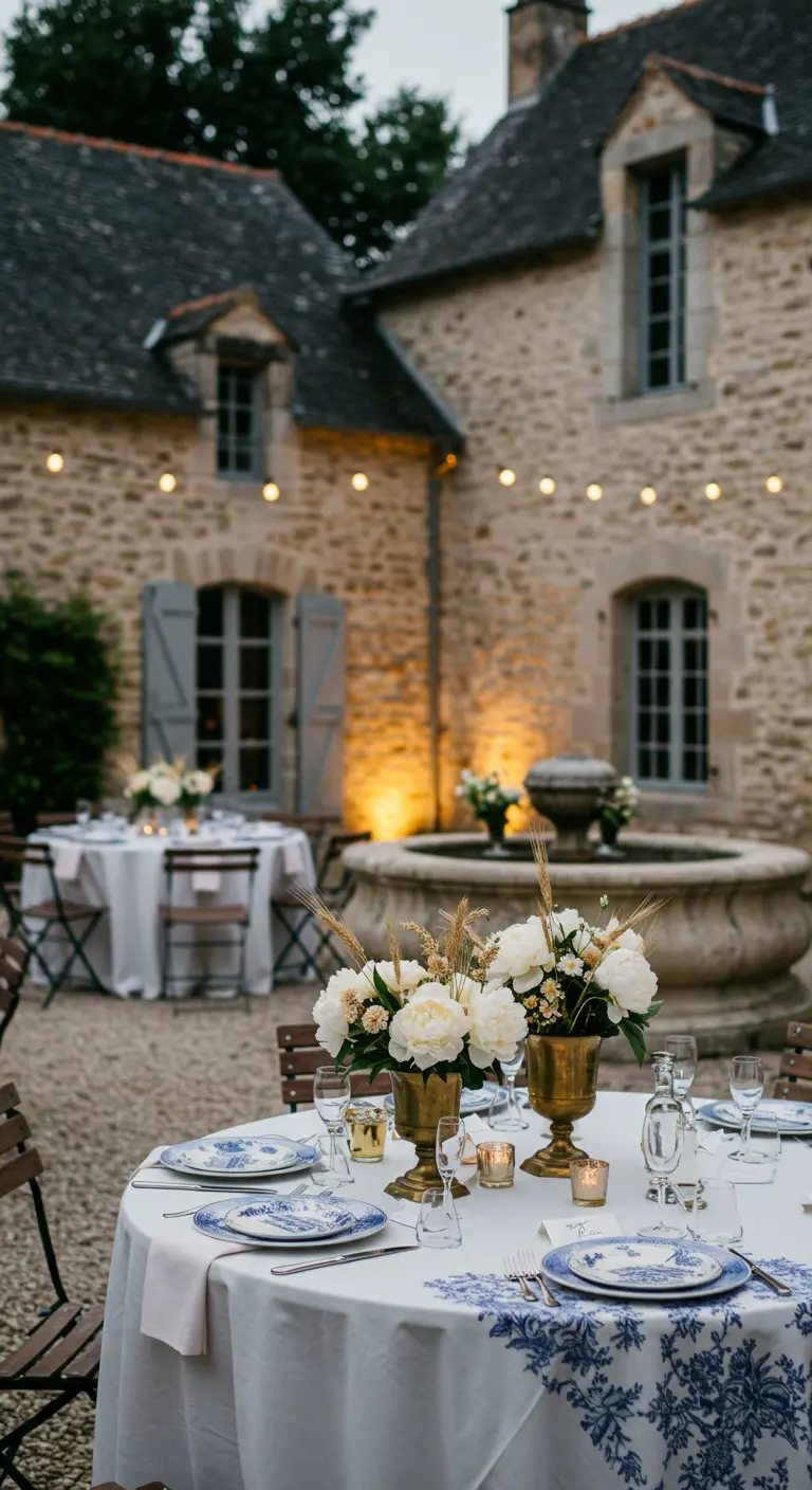 Table dressée dans une cour en pierre avec de la vaisselle bleue et blanche.