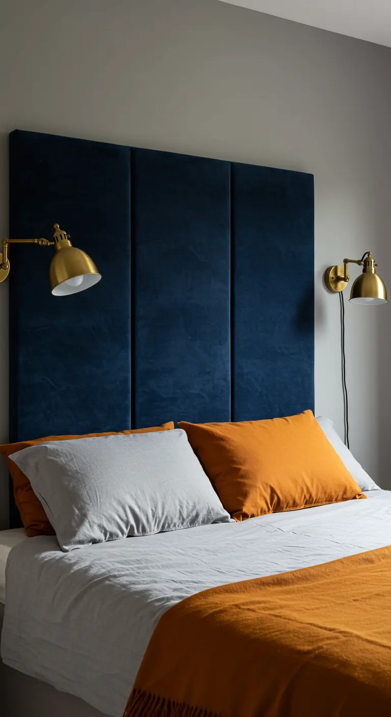 Tête de lit composée de trois panneaux verticaux recouverts de velours bleu nuit.
