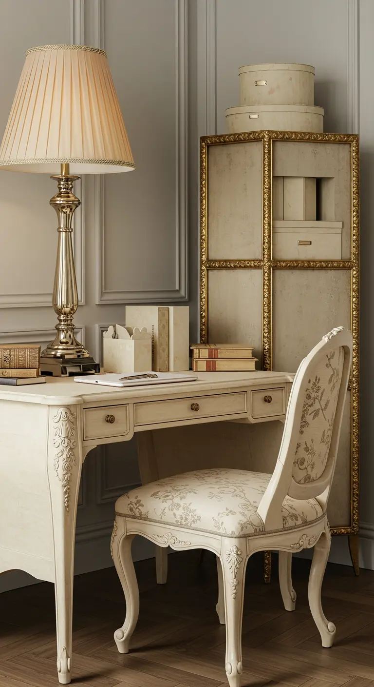 Bureau de style classique blanc avec une chaise médaillon et une grande lampe à abat-jour.
