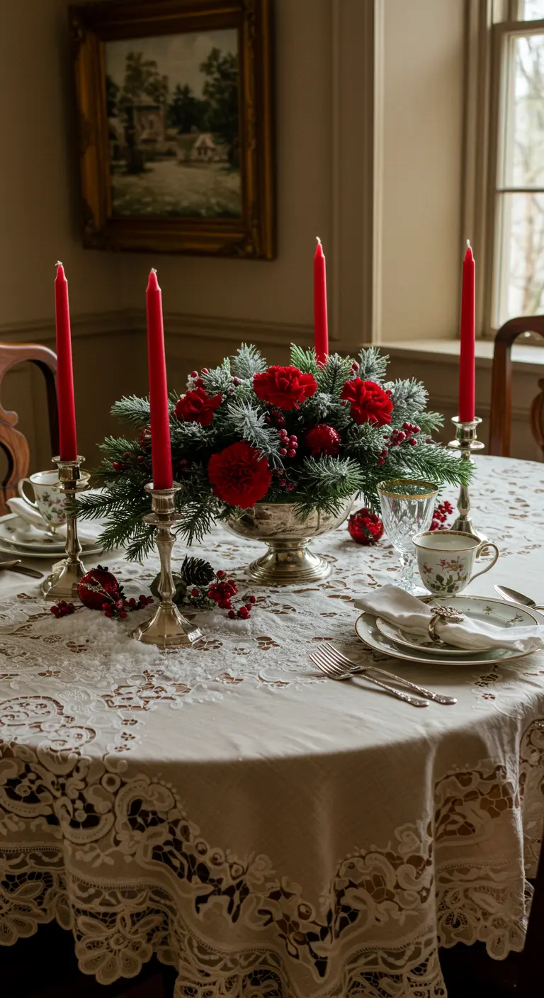 Centre de table vintage avec œillets rouges et nappe en dentelle.