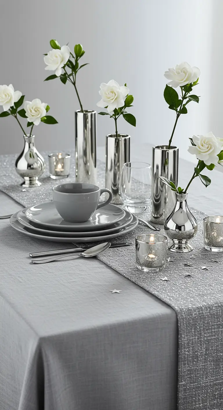 Table minimaliste avec chemin de table argenté et fleurs blanches uniques dans des vases fins.