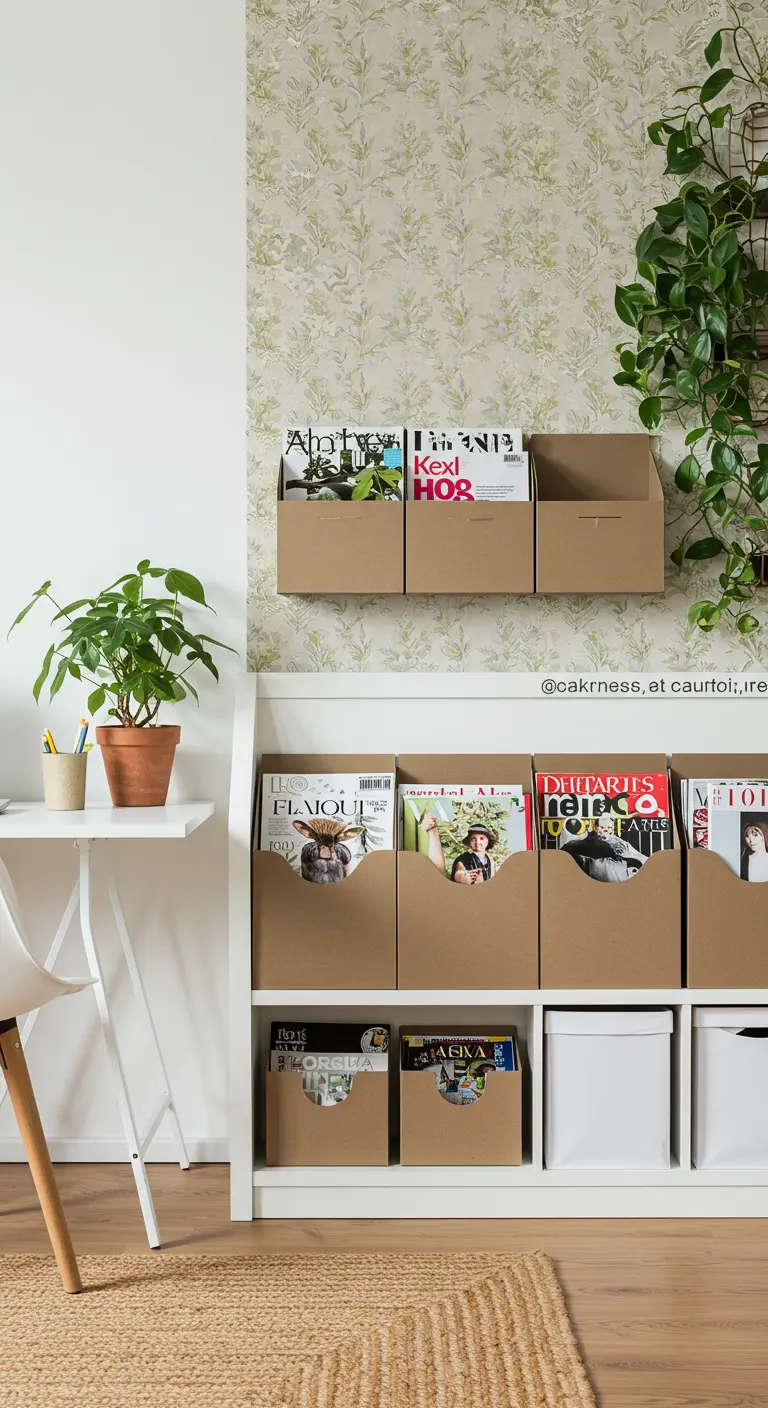 Espace bureau lumineux avec des rangements en carton brut sur des étagères blanches.